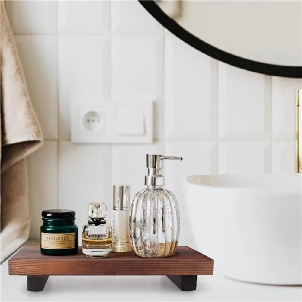 Wood Bathroom Counter Organizer Tray Farmhouse Soap Dispenser Holder Kitchen